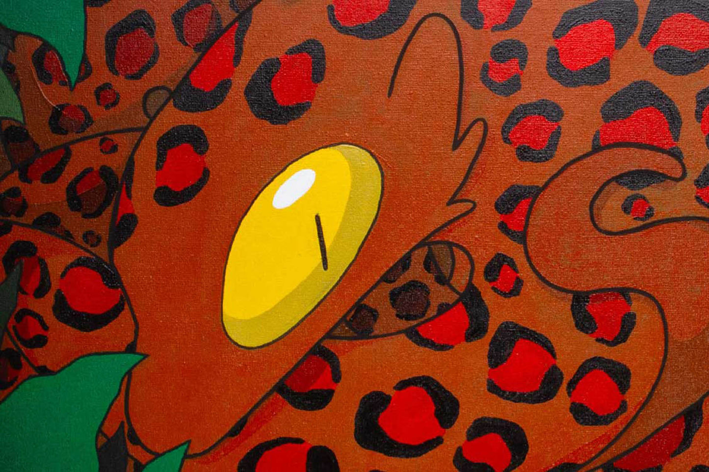 Close-up view of Christian Zeppieri's red lizards painting