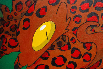 Close-up view of Christian Zeppieri's red lizards painting